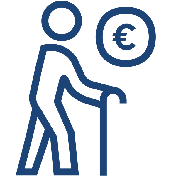 A stylised person with a cane stands next to a euro symbol.