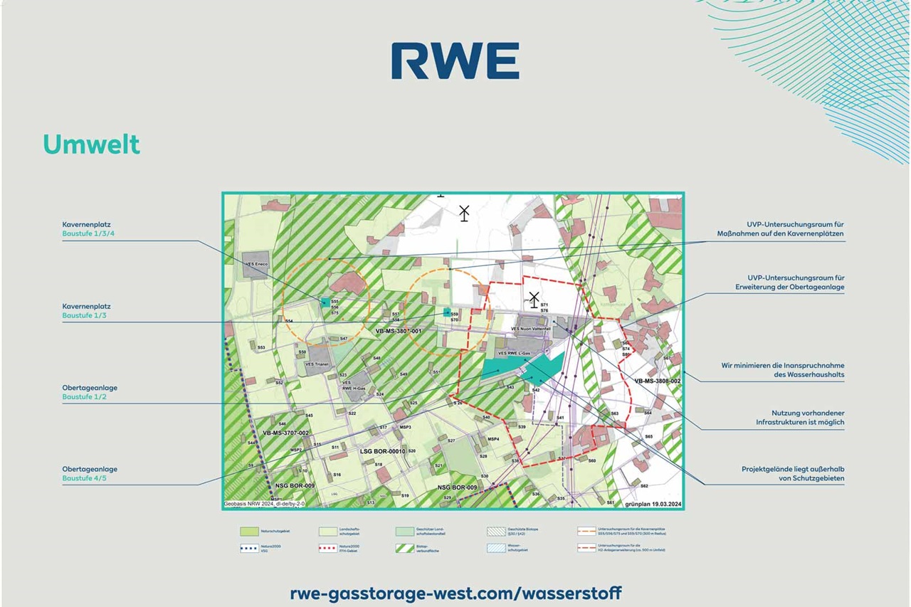 An environmental map by RWE highlighting cavern sites and surface installations. Key information is marked prominently.
