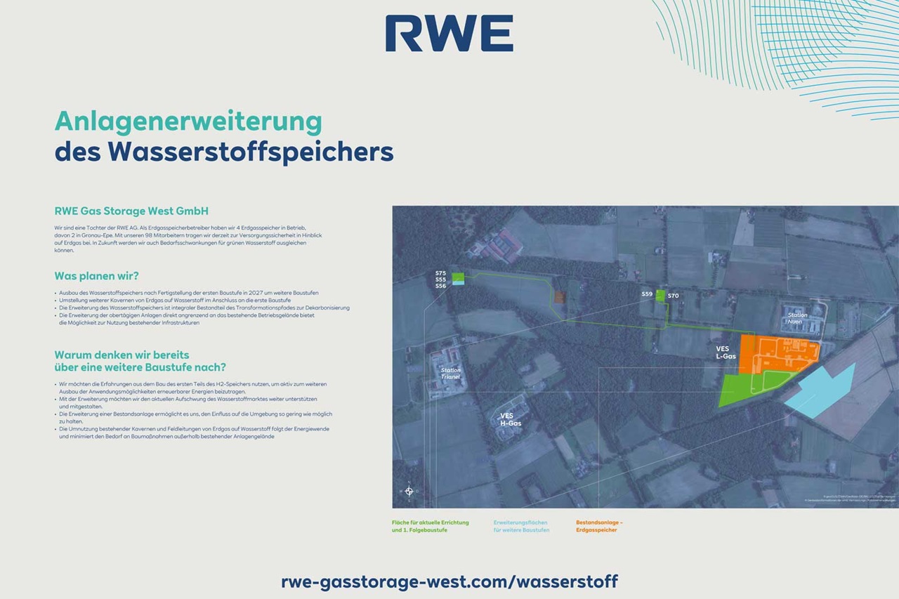 Map depicting the planned expansion of the hydrogen storage site by RWE Gas Storage West GmbH, showing proposed construction areas.